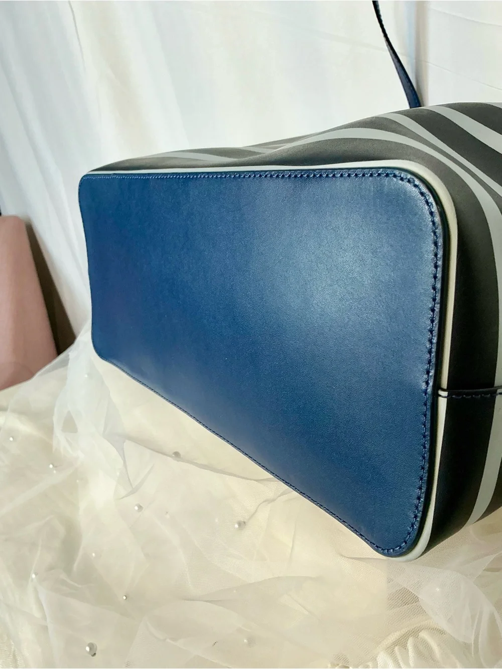 Kate Spade Navy White Stripe Leather Tote Shoulder Bag Large - Picture 6 of 11
